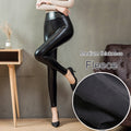 Plush leggings made with faux leather have their medium fleece lining displayed - Fleece Chic