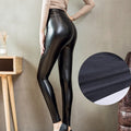 Plush leggings made with faux leather have their thin fleece lining displayed - Fleece Chic