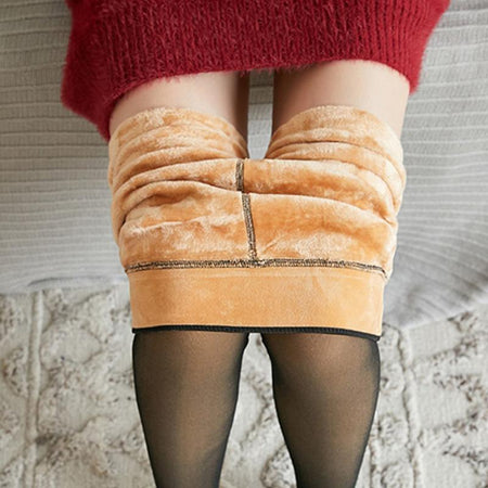 Sheer fleece lined tights are worn by a girl in a gray skirt who is sitting on a couch - Fleece Chic