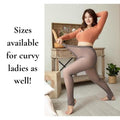 Opaque tights plus size that have a fleece lining are worn by a curvy woman with a crop top - Fleece Chic